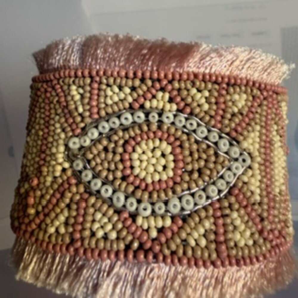 Gorgeous Pink & Tan Beaded Evil Eye Two Inch Cuff - Pristine Condition - Picture 2 of 8